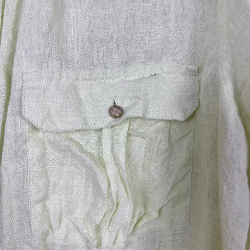 Chicos XL 100% Linen Button Down Shirt Pale Yellow Roll Tab Sleeve (P716)‎